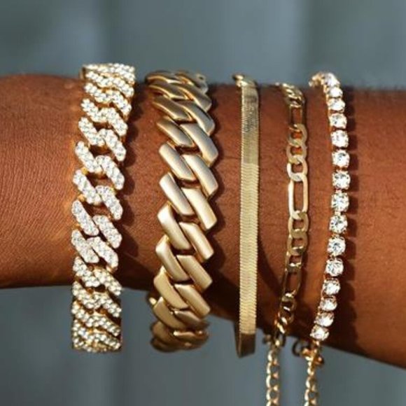 NEW 5 pcs Womens Gold Cuban Bracelets Set - Picture 3 of 5